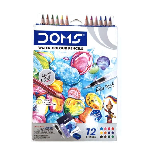 DOMS Super Soft Hexagonal Pre-Sharpened Water Soluble Colour Pencils | Free Watercolor Paper, Sharpener & Water Brush | 3.3mm Watercolor Lead | 12 Shades | Pack of 1