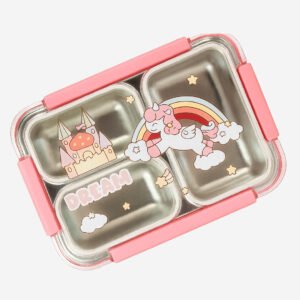 Stylie Modern Alternatives Unicorn Lunch Box for School Kids - Compartment Container With Stainless Steel Case, Spoon & Fork - Air Tight Tiffin for School (750 ML)