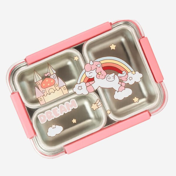 Stylie Modern Alternatives Unicorn Lunch Box for School Kids - Compartment Container With Stainless Steel Case, Spoon & Fork - Air Tight Tiffin for School (750 ML)